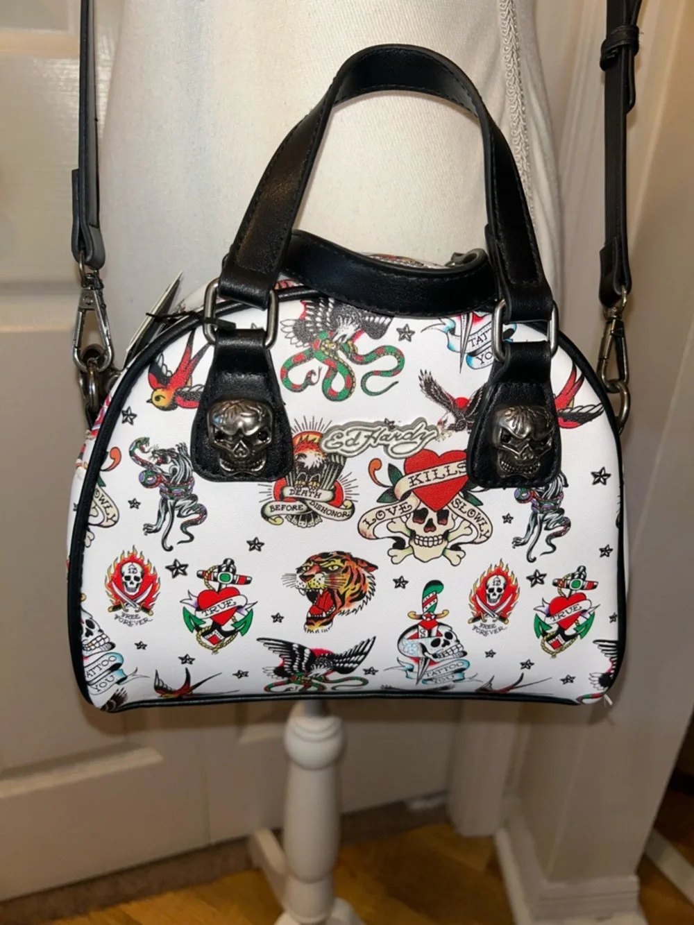NWT White Tattoo-Print Dome Satchel with Black Trim - Picture 2 of 9